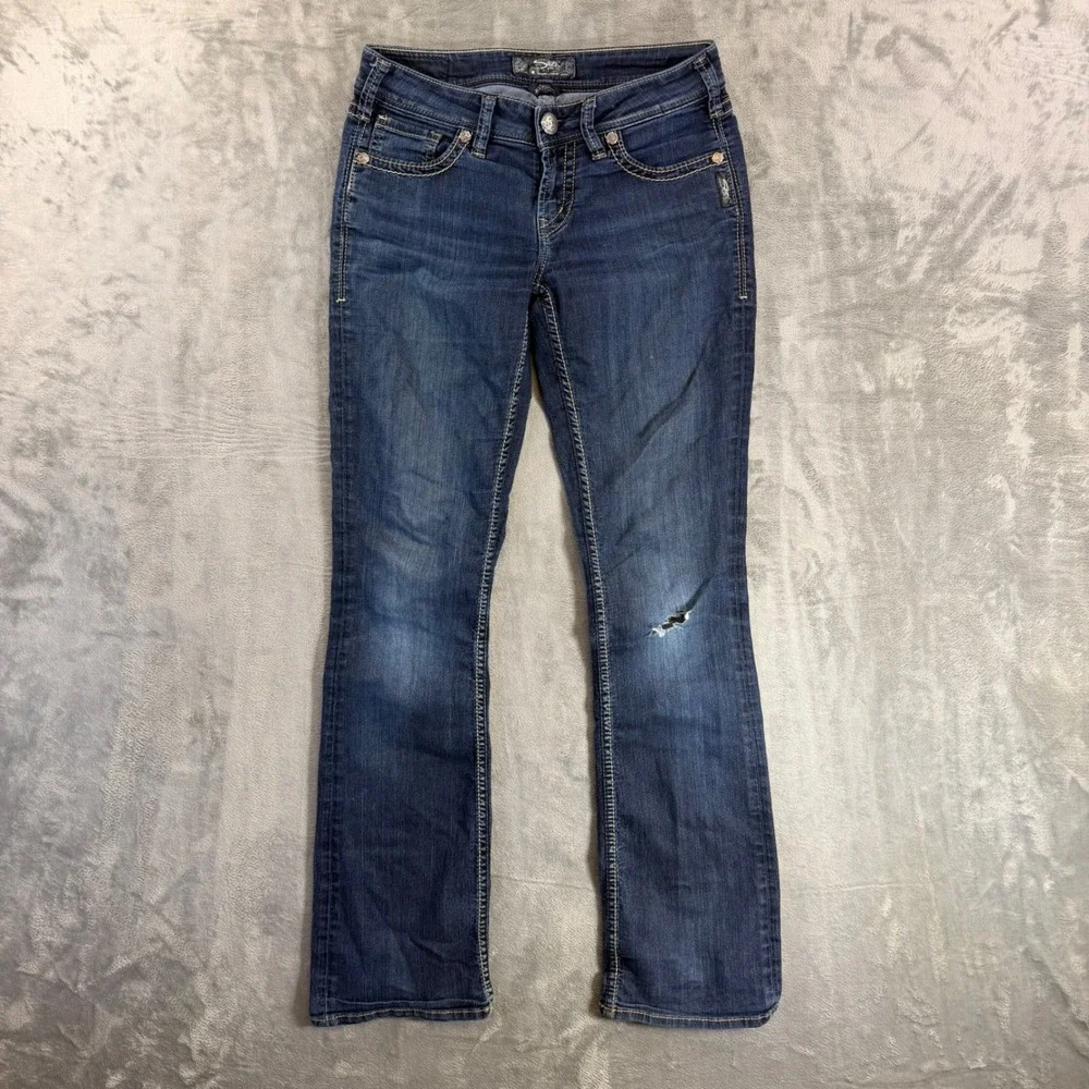 Silver Jeans Aiko Bootcut Jeans‎ Women's Size 27x33 Blue Dark Wash Distressed